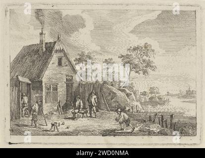 Bauern spielen Jeu de Boules, Jan Lauwryn Krafft (I) (möglich), nach David Teniers (II), 1700–1799 Printbauern spielen Jeu de Boules in einem Haus. A ist dabei, einen Ball zu Rollen, andere sehen zu. Links verschwindet ein Mann durch ein Tor. Papierätzung "jeu de Boules". Bauernhof oder einsames Haus in der Landschaft Stockfoto