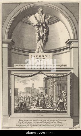 Apostel Jakobus de Lessere, Jan Luyken, nach Jan Goeree, drucken 1698 den Apostel Jakobus der kleine mit einem Buch in der Hand. Jakobus de MerDere steht auf einem Sockel, auf dem sein Foltertod auf der Vorderseite dargestellt wurde. In der Mitte drucken: Fol: 329. Amsterdamer Papiergravur des Apostels Jakobus der weniger, erster Bischof von Jerusalem; mögliche Attribute: Buch, Fuller's Club, Scroll. James wird gesteinigt oder zu Tode geschlagen (mit einem Fuller's Club) Stockfoto