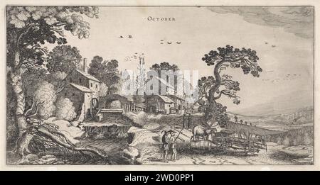 Oktober, Jan van de Velde (II), 1616 drucken Eine Landschaft mit einer Wassermühle und links von Bauern mit Fässern, die den Monat Oktober repräsentieren. Rechts ein Weinberg auf einem Hügel. Links und oben rechts die Symbole des Sternbildes Skorpioen in diesem Monat. Zehnter Druck aus einer Serie von zwölf. Nordholländische Papierätzlandschaft symbolisiert den Oktober. Skorpio (Zodiakalzeichen Oktober). Windmühle in der Landschaft. Jahrgang, Traubenernte. Weinbau, Weinbau; Jahrgang. Weinberg Stockfoto