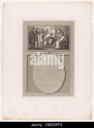 König Eduard II. Von England steht seine Krone, Luigi Schiavonetti, nach Henry Tresham, 1797 Druck oben: König Eduard II. Von England, der seine Krone verlässt. Rechts ein Erzbischof und drei sitzende Herren. Links ein Ritter und andere Schaufiguren. Unter: 15 Zeilen englischer Text in einem Oval. Londoner Papier-Gravurkrone (Symbol der Souveränität). ritter. erzbischof, Bischof usw. (Römisch-Katholisch) Stockfoto