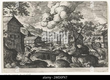 Gott erscheint für einen alten Mann, Anonym, nach Hans Bol, ca. 1550 - ca. 1650 Druck ein alter Mann kniet an einem Bach in einem Dorf nieder. Gott erscheint in einer Wolke für ihn. Der alte Mann bettelt um die Hände. Das Papier-Ätzsehen Stockfoto