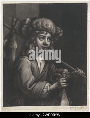 Junger Jager, Wallerant Vaillant, 1658 - 1677 Druck Ein junger Jäger trägt einen Stock auf seiner Schulter mit einem toten Hasen. In seiner Hand hat er eine tote Ente. Papierjäger. Wasservögel: Ente. Nagetiere: hase Stockfoto