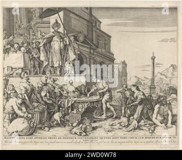 Jozef verkauft Koren als Vizekönig Ägyptens, Anonym, nach Jan de Bisschop, nach Bartholomeus Breenbergh, 1652–1702 Druck als Vizekönig Ägyptens, Jozef verkauft das Getreide, das er in den guten Jahren gelagert hatte. Opfer der Hungersnot kommen zu ihm, um Getreide zu kaufen. Joseph ist auf einer Höhe und ein Diener hält einen Sonnenschirm über dem Kopf. Unter der Show der Titel in lateinischer Sprache, ein Vers in niederländischer Sprache und ein Verweis auf den Bibeltext in Gen. 47. Amsterdamer Papierstich Joseph als Aufseher des Pharao. Hungersnot in Ägypten (Fortsetzung) (1. Mose 47:13-26) Stockfoto