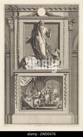 Kirchenvater Tertullianus van Karthage, Jan Luyken, nach Jan Goeree, 1698 Druck der Kirchenvater Tertullian von Karthago sieht einen Engel an, der ihm einen Lorbeerkranz anbietet. Tertullian ist auf einem Sockel. Auf der Vorderseite eine Szene, in der er eine seiner Schriften schreibt. Amsterdamer Papierätzung / Gravur männlicher Heiliger (TERTULLIAN VON KARTHAGO). Schriftsteller, Dichter, Autor Stockfoto