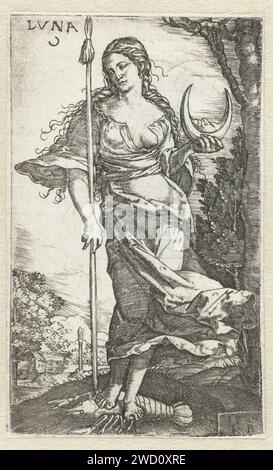 Diana, Monogrammistin IB (16. Jahrhundert), 1529 Druck Diana als Mondgöttin Luna, stehend auf der Steeren-Statue, ein Stab in ihrer rechten Hand und eine Halbmond in der heißen linken. Deutschland Papierstich Diana als Mondgöttin, d.h. Luna (Selene) Stockfoto