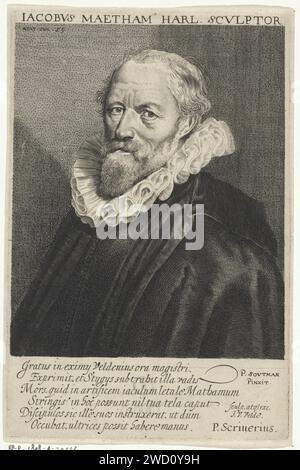 Porträt von Jacob Matham, Jan van de Velde (II), nach Pieter Claesz. Soutman, 1630 Druck Porträt des Haarlem Graveurs Jacob Matham im Alter von 59 Jahren. Papierstich in den nördlichen Niederlanden Stockfoto