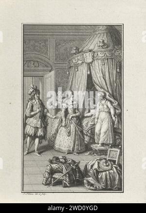 Liebespaar gefangen in einem Schlafzimmer, Jacob Folkema, 1702 - 1767 Druck drei reich gekleidete Figuren sind in ein Schlafzimmer eingedrungen und ein Mann und eine Frau finden es im Bett. Der Mann blieb im Bett, während die Frau in einem Nachthemd aus dem Bett stieg. Im Vordergrund wird die Kleidung über einen Stuhl und einen Hocker gezogen. Schlafzimmer mit Papierätzung. Unterbrochenes Meeting, Liebhaber überrascht Stockfoto