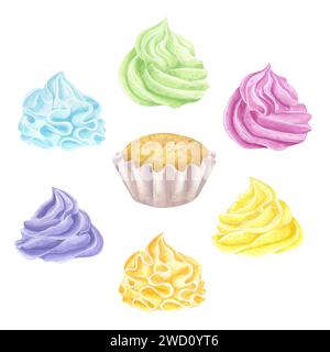 Süße Regenbogenmuffins. Bannerset mehrfarbige Cupcakes. Süße Schlagsahne Desserts. Food Clipart. Handgezeichnete Aquarellillustration isoliert auf Stockfoto