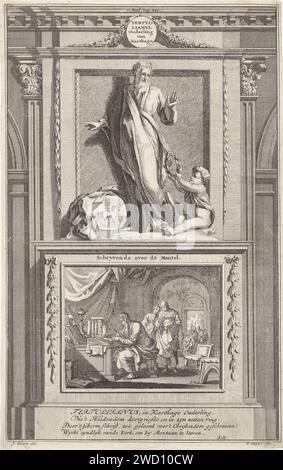 Kirchenvater Tertullianus van Karthage, Jan Luyken, nach Jan Goeree, 1698 Druck der Kirchenvater Tertullian von Karthago sieht einen Engel an, der ihm einen Lorbeerkranz anbietet. Tertullian ist auf einem Sockel. Auf der Vorderseite eine Szene, in der er eine seiner Schriften schreibt. Druck in der Mitte: II Seite teilen: 240. Amsterdamer Papierätzung / Gravur männlicher Heiliger (TERTULLIAN VON KARTHAGO). Schriftsteller, Dichter, Autor Stockfoto