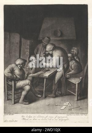BoerenHerberg, Jacob Gole, nach Adriaen van Ostade, 1670 - 1724 Druck Inneres eines gasthauses mit sechs Figuren um einen Tisch in der Nähe eines Kamins. Einer der Männer raucht eine Pfeife, während der andere ein Glas Bier gießt. Amsterdam Papiergravur inn, Kaffeehaus, Gasthaus, etc. Pfeife  Tabak. Bier, Bier Stockfoto