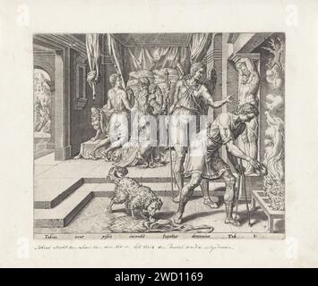 Tobias wirft die Därme der Fische ins Feuer, Anonym, nach Maarten van Heemskerck, 1556–1633 Druck Tobias wirft die Därme der Fische ins Feuer, um den Dämon aus Sara zu vertreiben. Hinter ihm beobachtet der Erzengel Rafaël. Im Hintergrund beten Tobias und Sara zu Beginn ihrer Hochzeitsnacht. Hinten links ein Mann, der von Raguel geführt wird, ein Grab, das für Tobias bestimmt ist. Am unteren Rand des Randes eine einzeilige Unterschrift in lateinischer Sprache aus Tobit 8. Druckerei: Low CountriesVerleger: Antwerpen Papiergravur Tobias liegt auf glühenden Kohlen Herz und Leber des Fisches; die evi Stockfoto