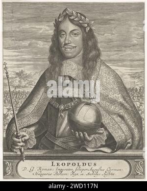 Porträt von Leopold I., Kaiser von Deutschland, Christiaan Hagen, um 1663–1695 Druck Porträt zehn Halven links von Leopold I., Kaiser von Deutschland. Um seinen Hals das Zeichen des Ordens vom Goldenen Vlies. Er trägt einen Lorbeerkranz auf dem Kopf und hält ein Zepter und einen Regierungsapfel in der linken Hand. Im Hintergrund eine Armee zu Fuß und einige Reiter. Unter seinem Porträt ein Sockel, auf dem sein Name und sein Titel in zwei Zeilen in einer Kartusche stehen. Amsterdam Papiergravur / Gravur Mantel, Kleid, Kleid (Symbol der Souveränität). Zepter, Stab (Symbol der Souveränität). Orb (Symbol der Souveränität; Sphäre mit Stockfoto