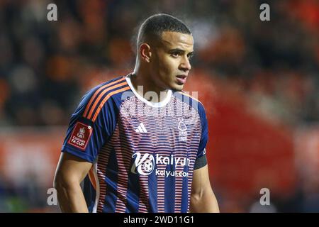 Blackpool, Großbritannien. Januar 2024. Murillo of Nottingham Forest während des dritten Rundenspiels Blackpool vs Nottingham Forest in der Bloomfield Road, Blackpool, Vereinigtes Königreich, 17. Januar 2024 (Foto: Gareth Evans/News Images) in Blackpool, Vereinigtes Königreich am 17. Januar 2024. (Foto: Gareth Evans/News Images/SIPA USA) Credit: SIPA USA/Alamy Live News Stockfoto