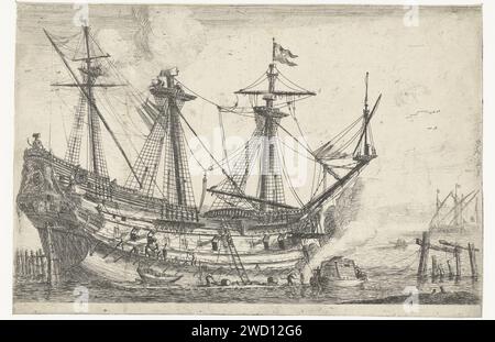 Reparaturen an einem großen Segelschiff, Reinier Nooms, 1656 - 1659 drucken Ein großes Segelschiff, ein Amsterdamer Kriegsschiff, das in einem Werft liegt. Reparaturen werden am Rumpf durchgeführt. Niederlande Papierätzung / Trockendock, Schwimmdock. Segelschiff, Segelboot Stockfoto