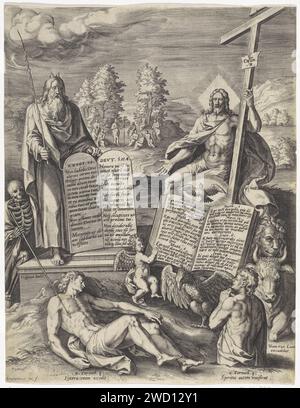 Allegorie zur Erlösung der Menschheit, Hieronymus Wierix, nach Chrispijn van den Broeck, 1563 – vor 1586 hinterließ Moses mit den Tabellen des Gesetzes. Auf der rechten Seite Christus am Kreuz. Zu seinen Füßen eine offene Bibel, umgeben von den Symbolen der vier Evangelisten. Über der Bibel die Taube des Heiligen Geistes. Hinter Moses steckt der Tod, der mit seiner Lanze in den leblosen Körper eines Mondes sticht. Derselbe Mann ist rechts auferstanden und betet für die Bibel. Im Hintergrund die Predigt Johannes des Täufers. Antwerpener Papierstich Moses (nicht im biblischen Kontext); mögliche Attribute: Strahlen von l Stockfoto