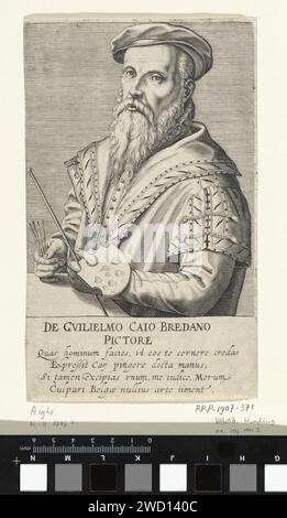 Porträt von Willem Key, Hendrick Hondius (I), nach Johannes Wierix, 1610 Druck in seinen Händen hält er eine Malpalette und Pinsel. Am Rand eine vierzeilige Unterschrift in lateinischer Sprache. Papiergravurporträt, Selbstporträt des Malers. Palette Stockfoto