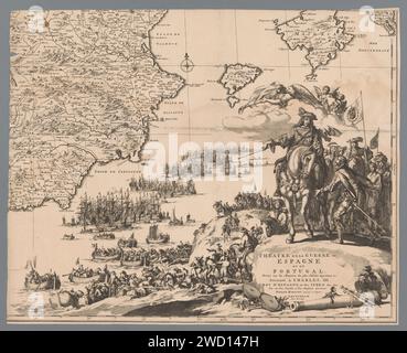 Karte von Spanien und Portugal, CA. 1703, Jan Luyken, 1703 Karte drucken mit Teil der spanischen Ost- und Südküste. Teil (Blatt unten rechts) einer großen Karte von Spanien und Portugal in vier Magazinen, ca. 1703. Vignette mit König Karl III. Zu Pferd, mit seinem Gefolge, einem Spanier für ihn. Links die Landung der alliierten Streitkräfte in Spanien. Faam bläst auf ihre Trompete in den Wolken. Amsterdamer Papier zum Ätzen/Gravieren von Karten verschiedener Länder oder Regionen. Kriegsführung; militärische Angelegenheiten (+ Landung, Ausschiffung der Streitkräfte) Spanien. Wal Stockfoto