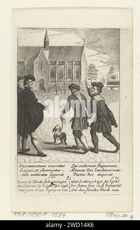 Ein Blinder wird vom Wirt, 9, Boëtius Adamsz, geheilt. Bolswert, 1639 Druck Ein Blinder mit Hund auf der Linie wird zur Kirche geführt, in der der Wirt gelagert wird und dort geheilt wird. Drucknr 9 aus der Serie von 16 Aufführungen des Miracle van Amsterdam, nach den Ereignissen am 15. März 1345. Unter der Show zwei sechszeilige Verse in lateinischer und niederländischer Sprache. Südholland Papierstich Amsterdam Stockfoto