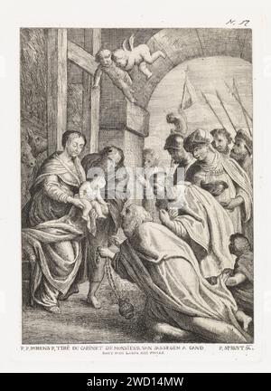 Anbetung von de Koningen, Philippe Lambert Joseph Spruyt, nach Peter Paul Rubens, 1747–1801 Druck die drei Könige knieten vor dem Christuskind, dargestellt von Maria und Joseph. Der Frontkönig hält ein Weihrauchgefäß in den Händen. Zwei Putti schweben darüber. Gent-Papier, das die Anbetung der Könige aufträgt: Die Weisen überreichen dem Christuskind ihre Geschenke (Gold, Weihrauch und Myrrhe) Stockfoto