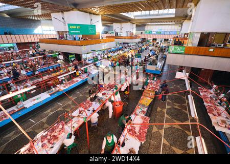 Ein Überblick über die Reihen von Händlern, einschließlich vieler Fleischmetzger. Auf dem wichtigsten lokalen Lebensmittelmarkt der sowjetischen Zeit, dem Grünen Basar. In Almaty, Kasachisch Stockfoto