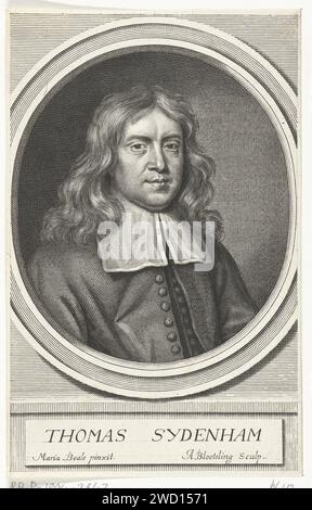 Porträt des englischen Arztes Thomas Sydenham, Abraham Blotling, nach Mary Beale, um 1672 - um 1678 gedruckter Londoner Papierstich Stockfoto