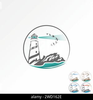 Logo Design Grafik Konzept kreative Premium abstrakte Zeichen Icon Vektor Stock Haus Gebäude Licht Haus Rochen und Vögel verwandte Welle Strand Insel Seemann Stock Vektor