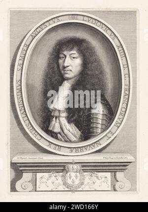 Porträt von Ludwig XIV., König von Frankreich, mit Spitzenkragen mit zwei Pinseln, Pieter van Schuppen, nach Nicolas Mignard, 1662 Druck Paris Papierstich Stockfoto