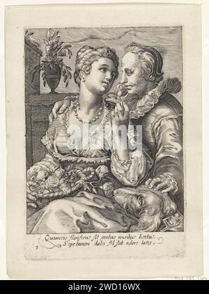 De Reuk, anonym, nach Jan Saenredam, nach Hendrick Goltzius, 1575 - 1657 Druck die weibliche Personifikation des Geruchs macht den Mann, der sie begleitet, zu einer Blume. Der Kopf eines Hundes hat auf sie geschossen. Nordholländische Papierstiche riechen, riechen (einer der fünf Sinne). Hund Stockfoto