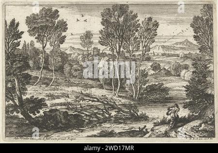 Landschaft mit Frau, die entlang des Flusses läuft, Adriaen van der Kabel, 1648 - 1705 Printfrau mit ausladendem Schal über dem linken Arm, Spaziergang entlang des Flusses, in dem Bäume gefallen sind. Auf der anderen Seite des Flusses zwei Menschen mit einer Schafherde. Erster Ausdruck aus der Sechserserie. Frankreich (möglicherweise) Papierätzlandschaften Stockfoto