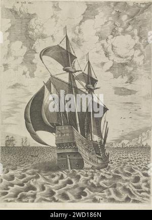 Kriegsschiff auf dem Weg zum Hafen, Frans Huys, nach Pieter Bruegel (I), 1561–1565 drucken Kriegsschiff auf dem Weg zum Hafen. Ich habe das Schiff auf dem Spiegel gesehen. Zwei kleine Scheepjes und die Hafenstadt am Horizont am Fuße der Hügel. Antwerpener Papierätzer/Gravurschiffe (allgemein) Stockfoto