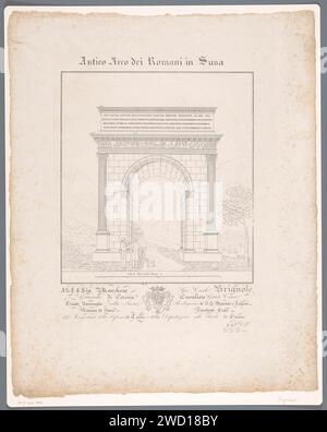 Boog von Augustus in Susa, Arghinenti, 1825 Druck Triumphbogen von Augustus in Susa. Eine Berglandschaft im Hintergrund. Zwei Männer und ein Hund stehen vor dem Bogen. Der Titel oben wird angezeigt. Einsatz und Wappen unter der Leistung. Italien Papier Triumphbogen. Blick auf die Stadt und Landschaft mit künstlichen Konstruktionen Susa. Bogen Stockfoto