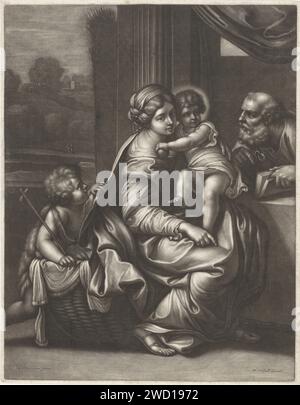 Heilige Familie mit Johannes de Boper, Wallerant Vaillant, nach Annibale Carracci, 1658–1677 Druck Maria und Joseph mit dem Christuskind. Neben Maria steht Johannes der Täufer als Kind, er zieht ihren Mantel. Papierheiligste Familie mit Johannes dem Täufer (als Kind) Stockfoto
