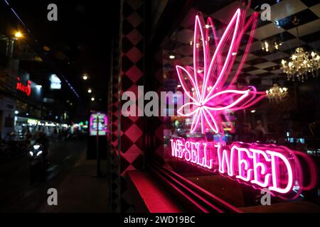 Bangkok, Thailand. Januar 2024. Beschilderung mit der Aufschrift „Wir verkaufen Gras“ in einer Cannabisausgabe im Nana-Viertel in Bangkok, Thailand, 17. Januar 2024. Die neue thailändische Regierung hat ein Gesetz zur Änderung der geltenden Cannabisgesetzgebung eingeführt, um den Freizeitkonsum von Cannabis zu verbieten, nachdem das Land 2022 Cannabis für Freizeitzwecke entkriminalisiert hatte. (Kreditbild: © Valeria Mongelli/ZUMA Press Wire) NUR REDAKTIONELLE VERWENDUNG! Nicht für kommerzielle ZWECKE! Stockfoto