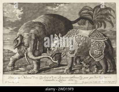 Elefant and Rhino, Pieter van den Berge, 1686 - 1696 Druck in einer Landschaft mit Palmen und Sträuchern sind ein Elefant und ein Nashorn. Amsterdamer Papierstich Strauchtiere: Elefant. Huftiere: Nashörner Stockfoto