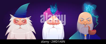 Alte Assistentenzeichen sind isoliert im Hintergrund festgelegt. Vektor-Karikaturillustration von älteren Männern mit langem grauen Bart, tragen Mantel, Turban Hut, rauchende Pfeife, strenge Augen auf faltigem Gesicht, Weise Hexer Stock Vektor