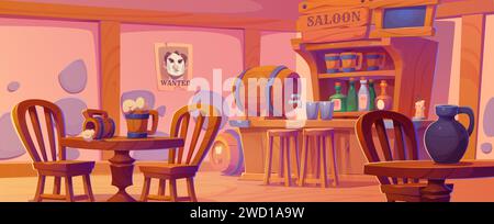 Inneneinrichtung des Western-Limoons. Vektor-Karikaturillustration der Retro-Bar mit alter Holztheke, Alkoholflaschen auf dem Regal, Bierbecher auf dem Tisch, gesuchtes kriminelles Poster an der Wand, Fass und Gläser Stock Vektor