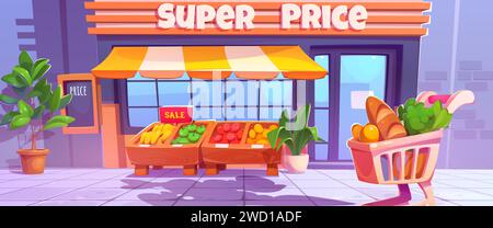 Außenbereich des Lebensmittelgeschäfts mit großen Glasfenstern und Tür, Zelt und Pflanze im Topf, Gemüse und Obst in Holzkiste und Radwagen mit Produkten auf dem Bürgersteig. Cartoon-Vektorfassade des Lebensmittelmarktes. Stock Vektor