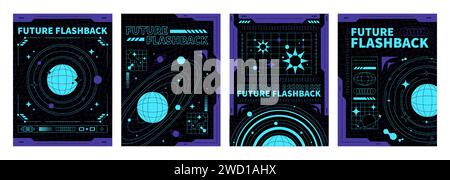 Design-Vorlage für Raumposter im trendigen y2k-Stil mit saurem Gittermuster und Planetenaufkleber in Neonblau auf schwarzem Hintergrund. Vektor-Set aus ästhetischen Bannern der 2000er Jahre mit außerirdischer Welt und Funkeln. Stock Vektor