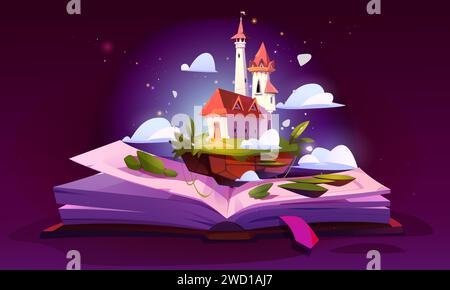 Märchenschloss auf offenen Buchseiten. Vektor-Karikaturillustration des königlichen Fantasy-Palastes mit Türmen auf grüner schwimmender Insel mit glitzernden Wolken, Geschichte über magisches Königreich, lustiges Lesekonzept Stock Vektor