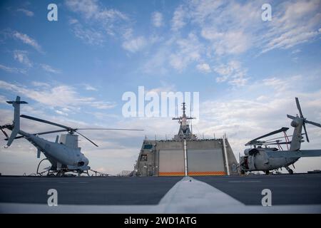 Ein MQ-8B Fire Scout links und ein MH-60S Sea Hawk Hubschrauber auf dem Flugdeck der USS Coronado. Stockfoto