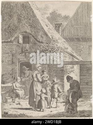 Bauernhof und Kinder auf der Farm, Johannes Christiaan Janson, 1778–1823 drucken Bauernhof mit einem Mann, der sich an eine untere Tür lehnt. Eine Frau steht vor der Tür und gibt Hühnern zu essen. Auf dem Weg vor dem Bauernhof eine Frau mit vier Kindern, von denen sie eines im Arm hält. Rechts im Vordergrund ein Mann mit einem Kind auf der Leiband. Papierätzung Mutter und Kind(er), Frau und Kind(er) (Familiengruppe) (mit ANZAHL der Kinder). Vater und Kind(er), Mann und Kind(er) (Familiengruppe). Gehen lernen, die ersten Schritte Stockfoto