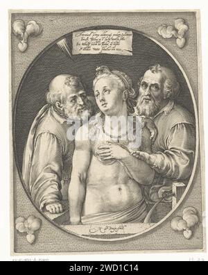 Susanna und die Ältesten, Nicolaes de Bruyn, 1581–1656 Druck Susanna wird von zwei Ältesten berührt, wenn sie ein Bad nimmt. Szene in ovaler Begleitung in einem rechteckigen Rahmen. Vier brennende Herzen in den Ecken. Die lateinische Inschrift über den Figuren bezieht sich auf die Bibelgeschichte. Niederländisches Papier, das die Ältesten auf Susanna eingraviert Stockfoto