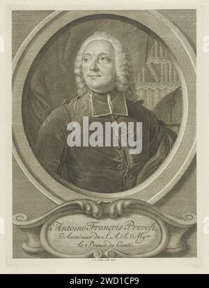 Portret Van Antoine Franis Prevost, Jacob Van the Skley, nach Georg Frodrich Schmipped, 1746 Druck Portrait des französischen Autors Antoine Francois Prevost, auch bekannt als Abbé Prévost. Er ist mit BEF in Toga gekleidet. Ein Bücherregal im Hintergrund. In der Kartusche befinden sich Name und Titel. Amsterdamer Papier-Ätz-/Gravurstudie; 'studiolo'; Bibliothek Stockfoto