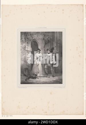 Junges Paar und Hund an einer Tür, Johannes Christiaan d'Arnaud Gerkens, nach Isaac Cornelis eLink Sterk, 1847–1863 Druck beide Figuren tragen Kleidung aus dem 17. Jahrhundert. Der Mann hilft der Frau des Schrittes, während sie den Hund ansieht, der rennt. Das Haager Papier. Ein paar Liebhaber. Liebhabertreffen. Schwellenwert. Hund Stockfoto