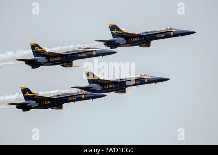 Die US Navy-Flugdemonstrationsschwadron, die Blue Angels, fliegen über den Lake Washington. Stockfoto