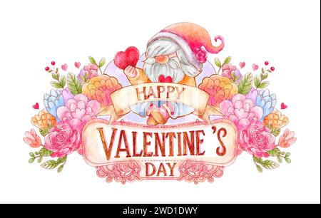GNOME und Tafel mit Text Happy valentine's Day. Aquarellmalerei. Valentinstag-Konzept. Weißer Isolathintergrund. Abbildung . Stockfoto