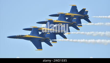 Die Blue Angels der US Navy führen das linke Echelon-Parade-Manöver durch. Stockfoto