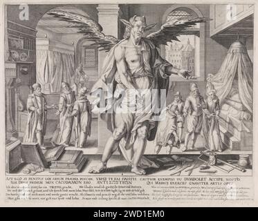 Der Arzt als Teufel, Johann Gelle, nach Egbert van Panderen, 1609 druckte Einen Teufel in die Mitte. Die Instrumente der Medizin sind um ihn herum. Im Hintergrund das Innere eines Hauses. Links und rechts verlangen, dass zwei Ärzte für ihre Dienste bezahlt werden. Dies wird jedoch abgelehnt. Wenn ein kranker Mensch vollständig geheilt ist, gilt ein Arzt als Teufel für Geld. Der Druck hat eine lateinische, deutsche und niederländische Unterschrift und ist Teil einer vierteiligen Serie über die Formen des Arztes. Druckerei: Antwerpener: Amsterdamer Papierstich mit menschlichem Teufel. Medizin, medizinische Wissenschaft. Arzt, Arzt. r Stockfoto