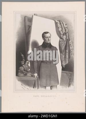 Portret van Paul Delaroche, Charles Baugniet, 1837 gedrucktes Pariser Papier. Historische Personen. Erwachsener Mann. Der Krieger-Märtyrer George (Georgius); mögliche Attribute: Banner (rotes Kreuz auf weißem Feld), (rotes) Kreuz, Drache, (weißes) Pferd, gebrochene Lanze, Schild (mit Kreuz), Schwert. Werkzeuge, Arbeitsgeräte des Malers. Porträt, Selbstporträt des Malers Stockfoto