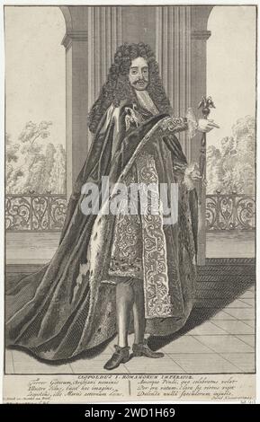 Leopold I., Kaiser von Deutschland, Anonym, 1675–1711 Porträt von Leopold I., Kaiser von Deutschland, mit zwei Vögeln am Arm und einem Zepter in der Hand. Amsterdam Papier ätzt / Gravur Vögel Stockfoto